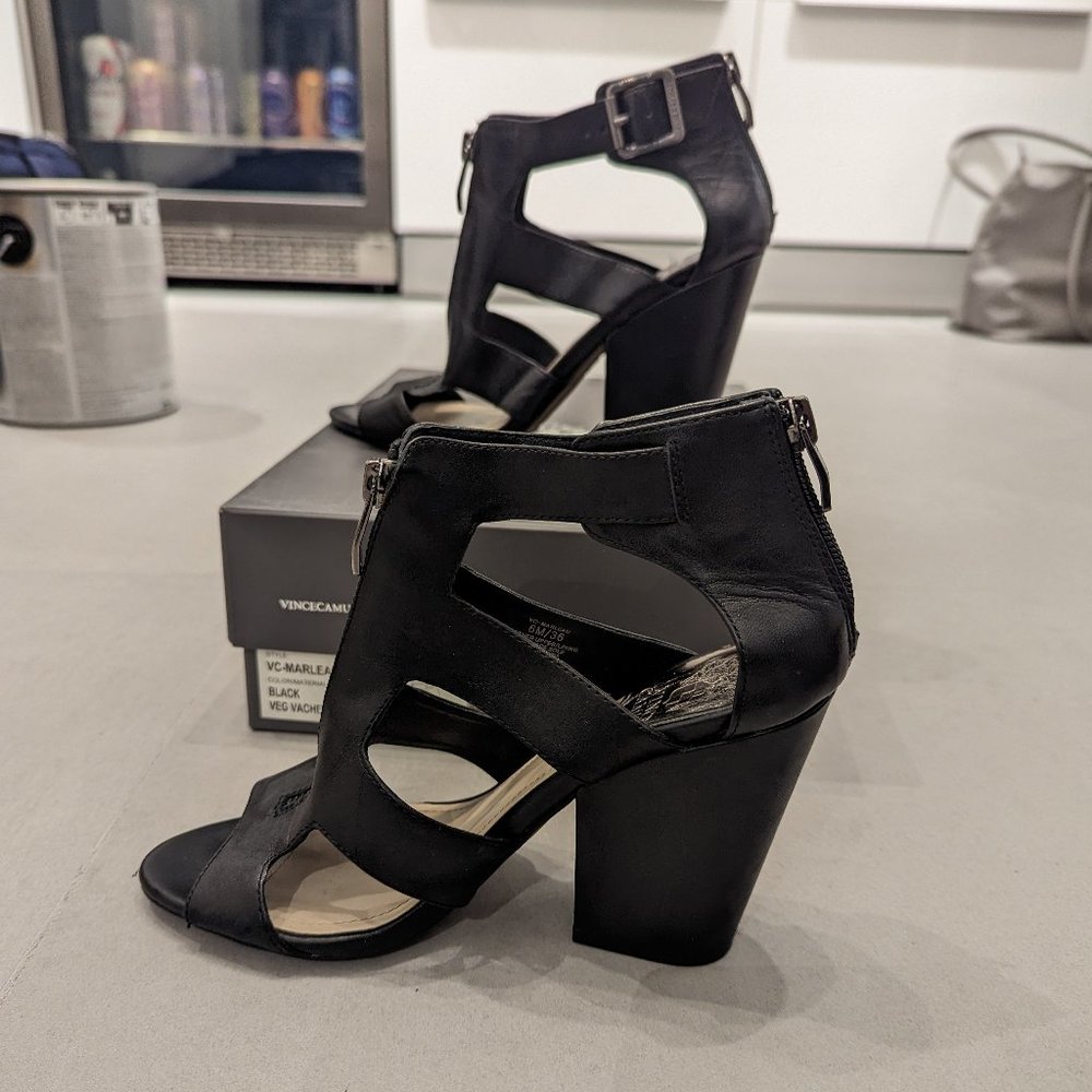 Vince Camuto Size 6 Black Leather Block High Heel Sandals